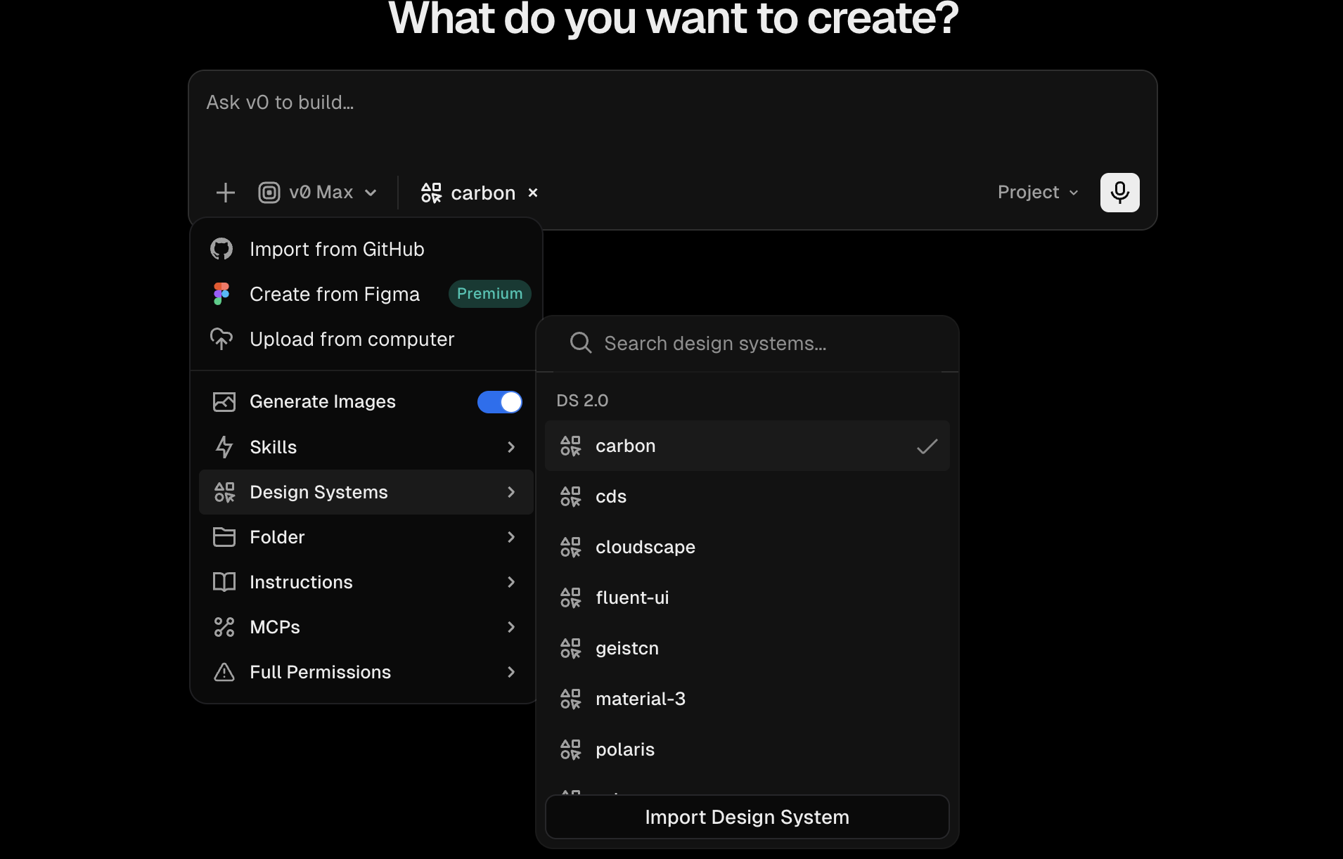 Prompt toolbar menu with a design system skill attached