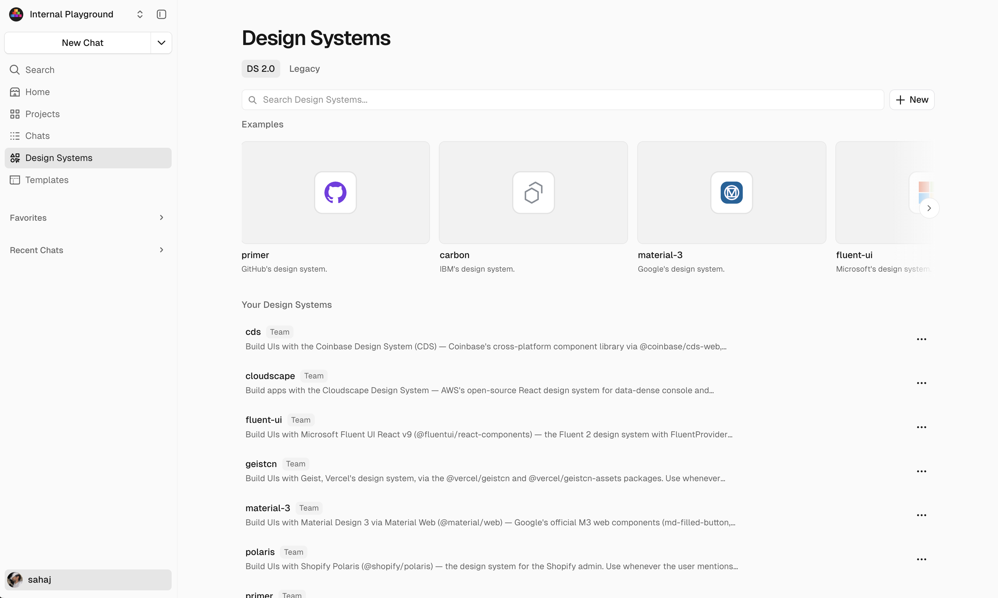 Design Systems page showing saved team skills